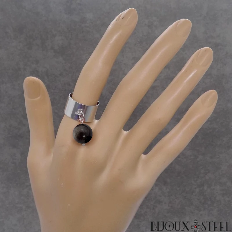 Bague large ajustable à perle d'obsidienne argentée