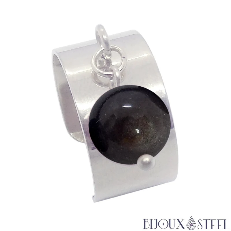 Bague large ajustable à perle d'obsidienne argentée