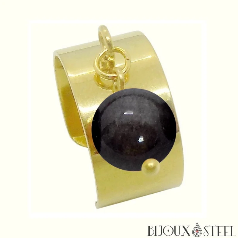 Bague large ajustable à perle d'obsidienne argentée