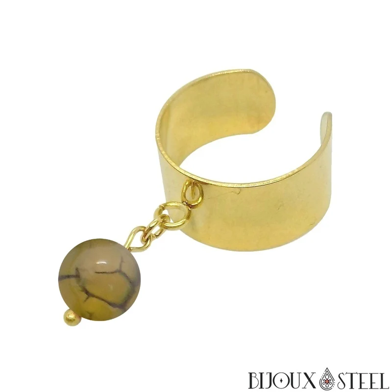 Bague large ajustable à perle d'agate veine de dragon jaune