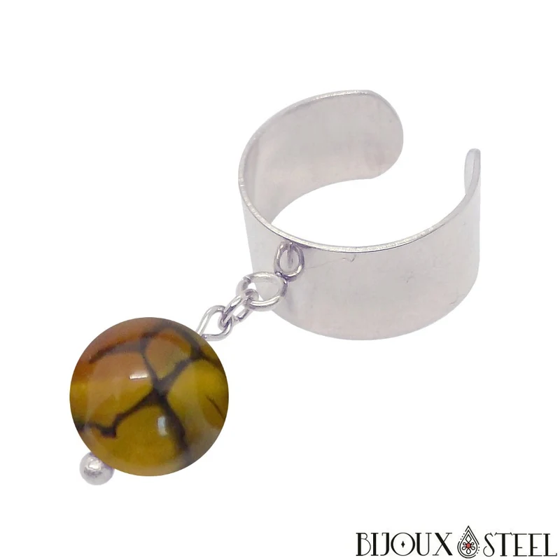 Bague large ajustable à perle d'agate veine de dragon jaune