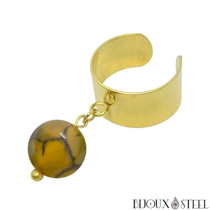 Bague large ajustable à perle d'agate veine de dragon jaune