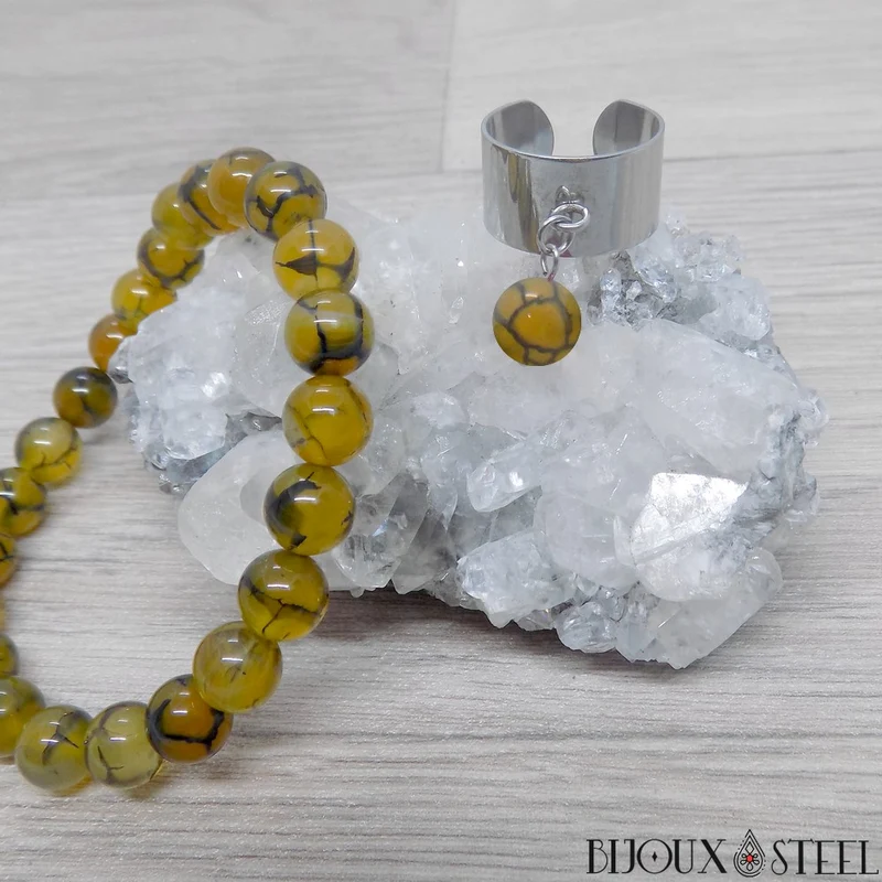 Bague large ajustable à perle d'agate veine de dragon jaune