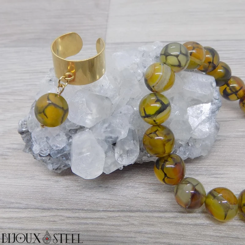 Bague large ajustable à perle d'agate veine de dragon jaune
