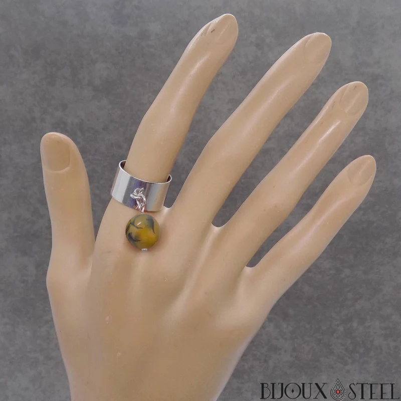 Bague large ajustable à perle d'agate veine de dragon jaune