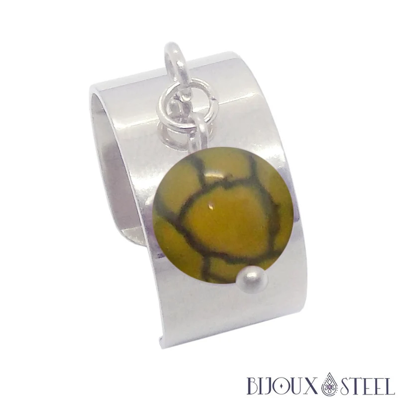 Bague large ajustable à perle d'agate veine de dragon jaune