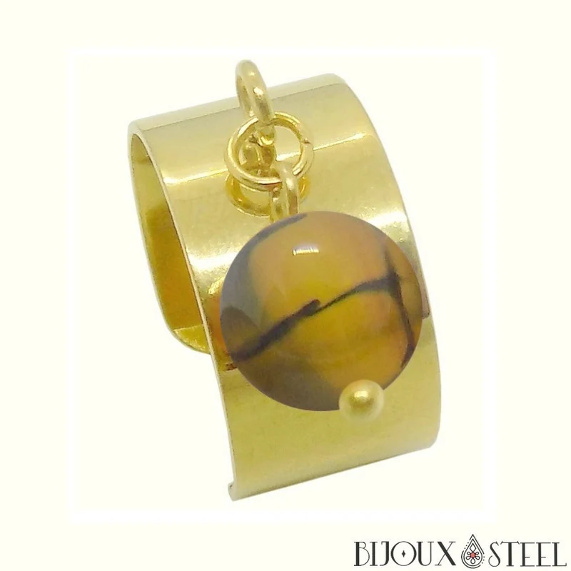 Bague large ajustable à perle d'agate veine de dragon jaune