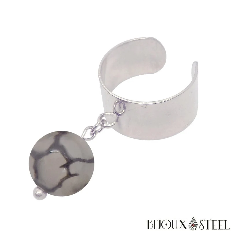 Bague large ajustable à perle d'agate veine de dragon grise