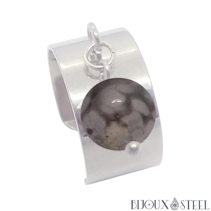Bague large ajustable à perle d'agate veine de dragon grise