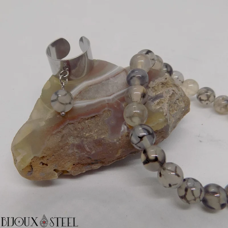 Bague large ajustable à perle d'agate veine de dragon grise