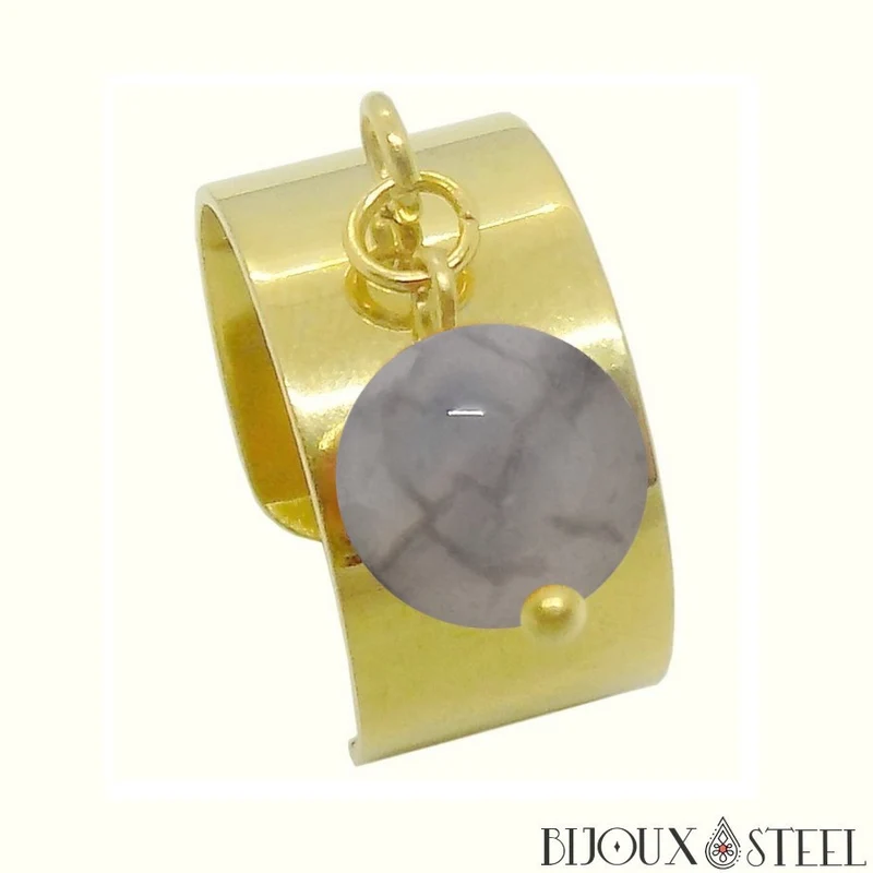 Bague large ajustable à perle d'agate veine de dragon grise