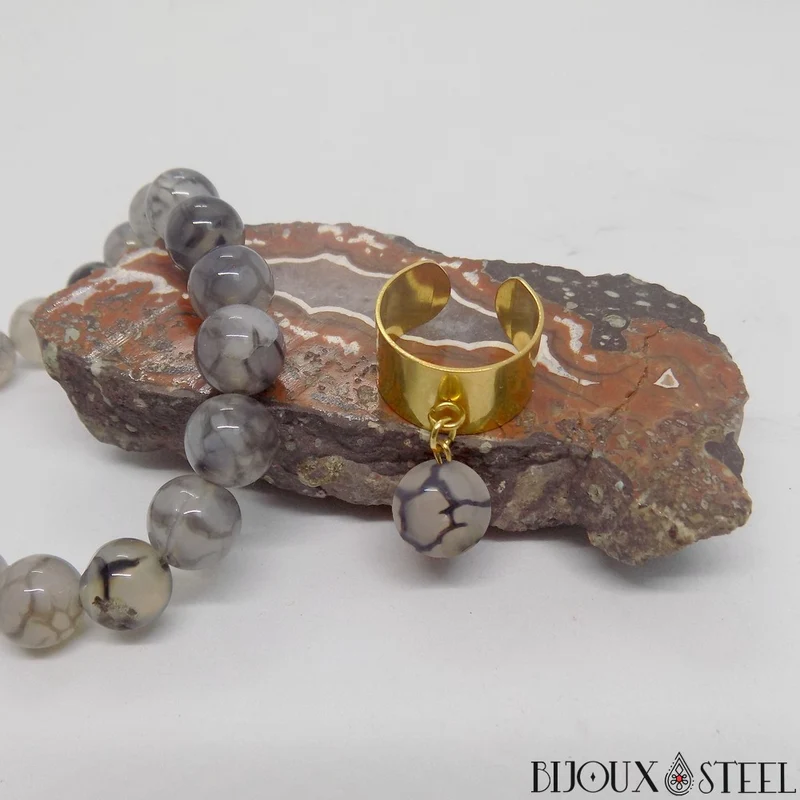 Bague large ajustable à perle d'agate veine de dragon grise