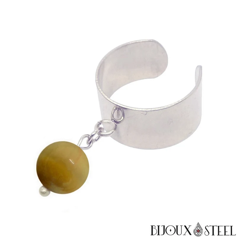 Bague large ajustable à perle d'oeil de tigre caramel