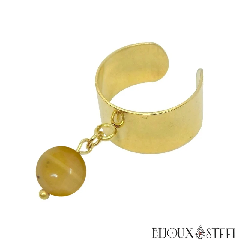 Bague large ajustable à perle d'oeil de tigre caramel