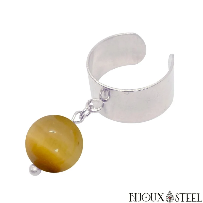 Bague large ajustable à perle d'oeil de tigre caramel