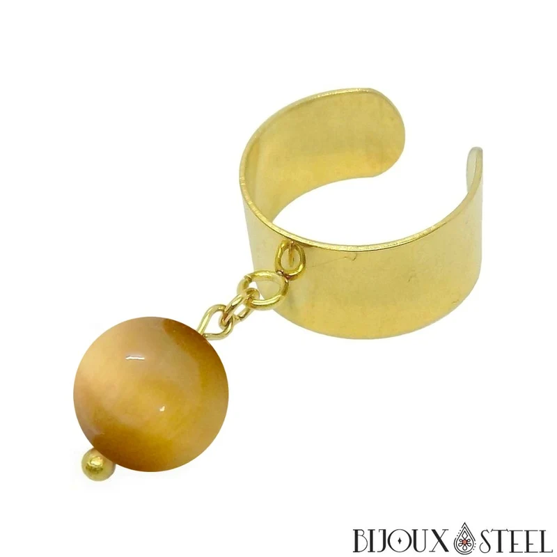 Bague large ajustable à perle d'oeil de tigre caramel