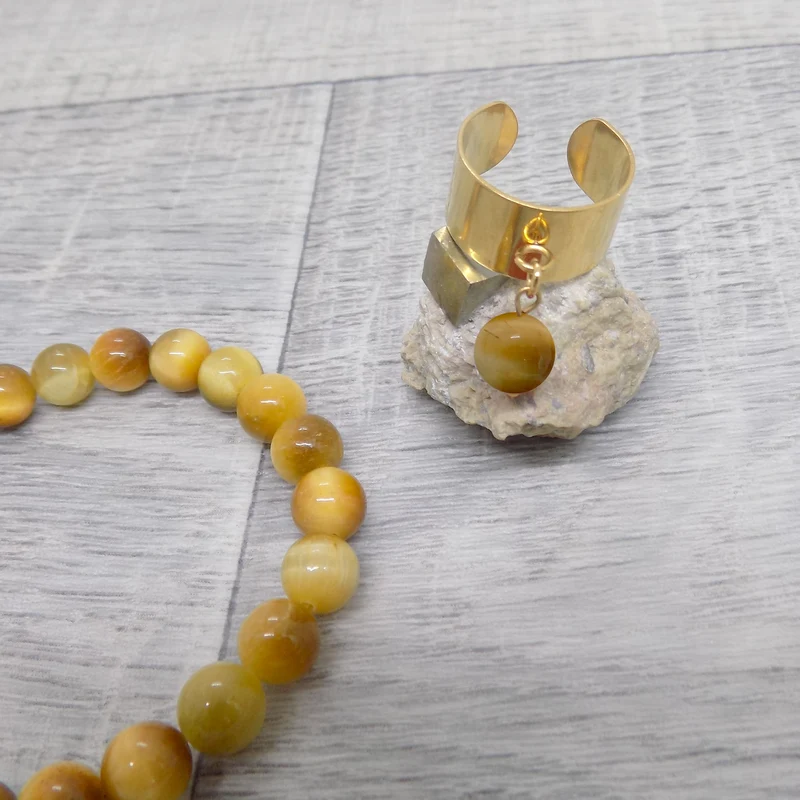Bague large ajustable à perle d'oeil de tigre caramel