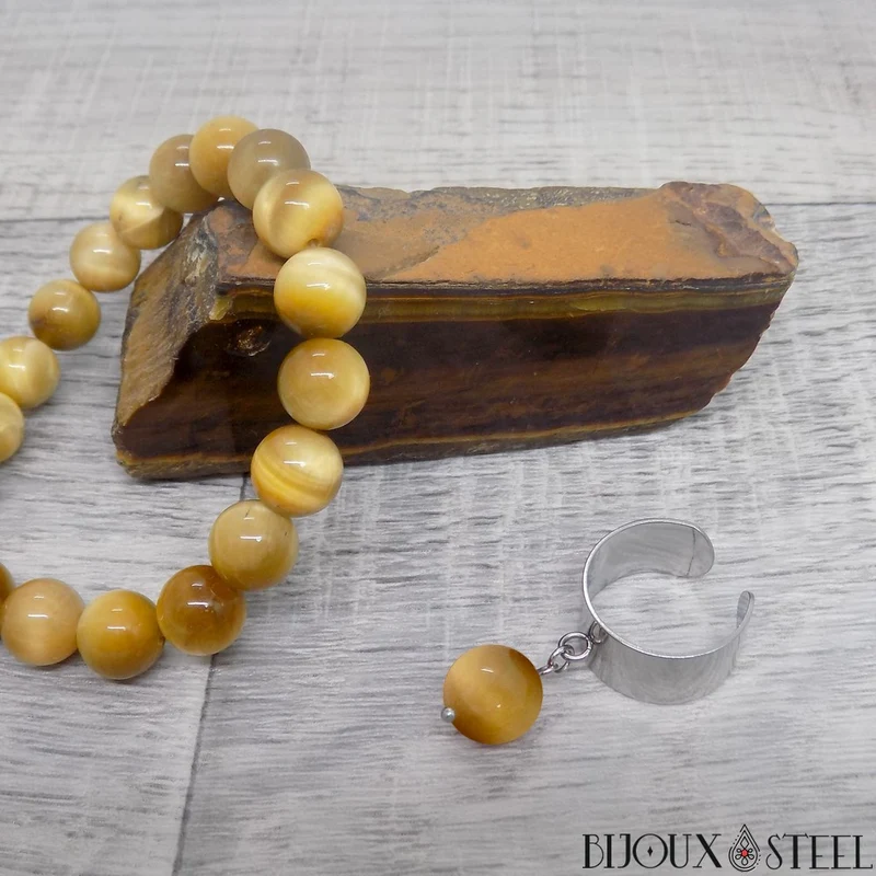 Bague large ajustable à perle d'oeil de tigre caramel