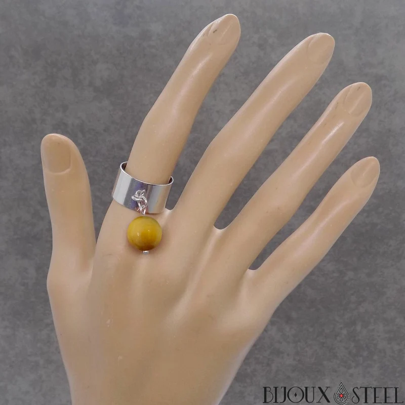 Bague large ajustable à perle d'oeil de tigre caramel