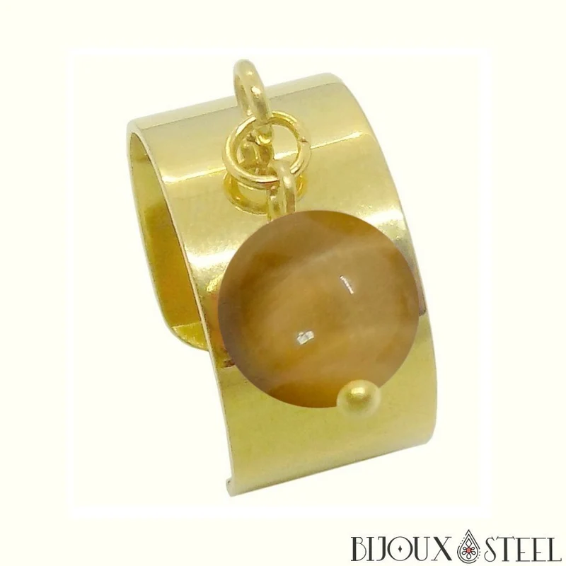 Bague large ajustable à perle d'oeil de tigre caramel
