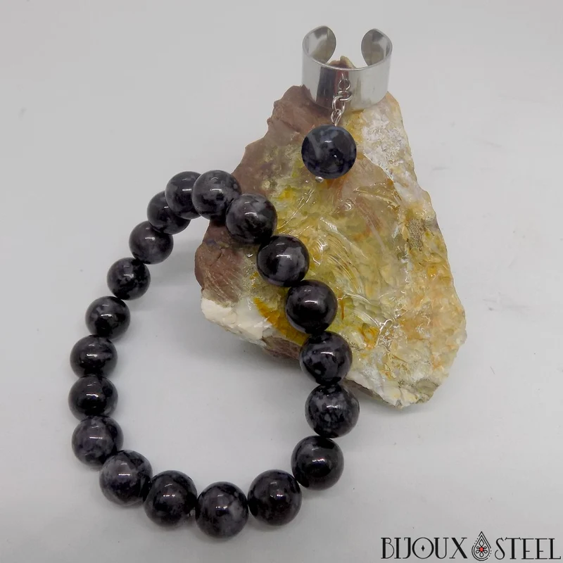 Bague large ajustable à perle de gabbro merlinite