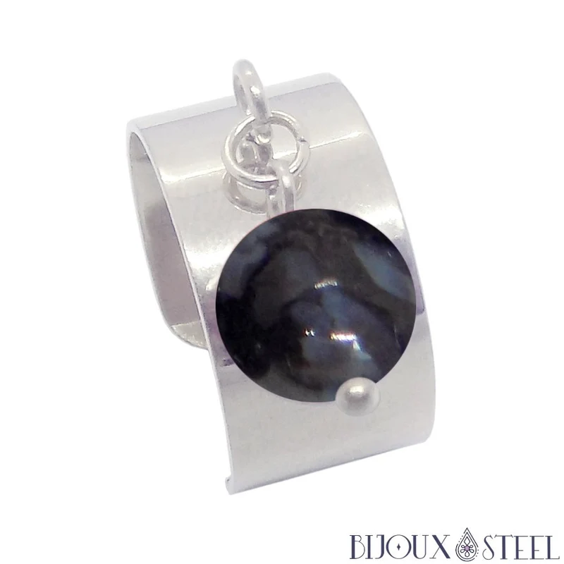 Bague large ajustable à perle de gabbro merlinite