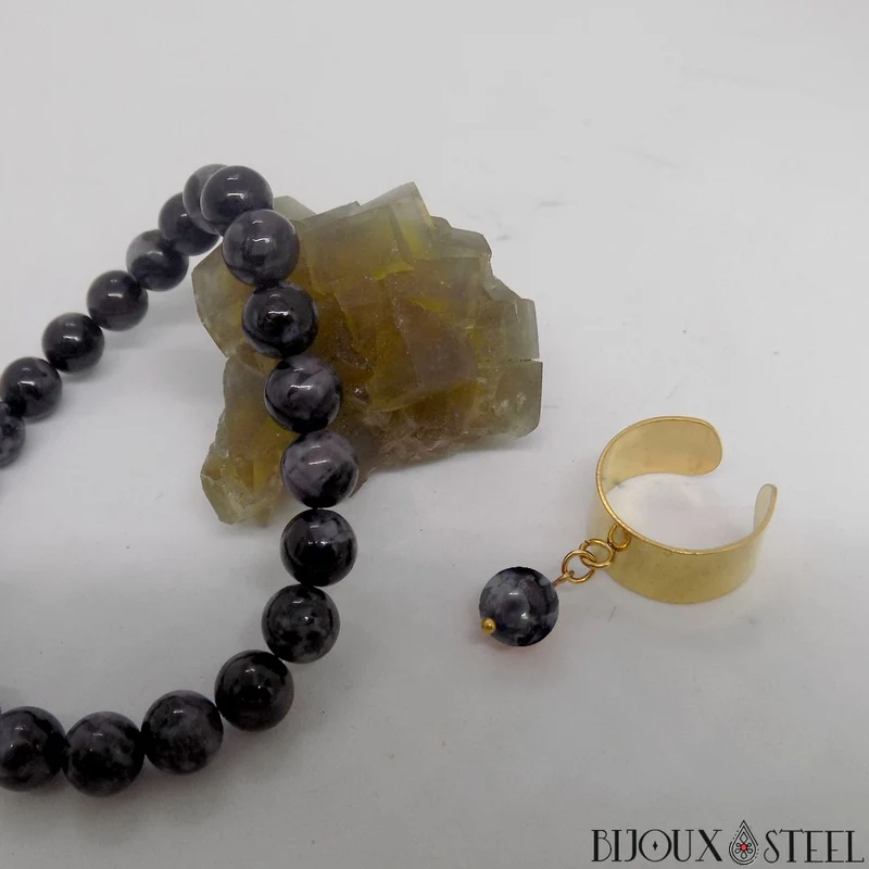 Bague large ajustable à perle de gabbro merlinite