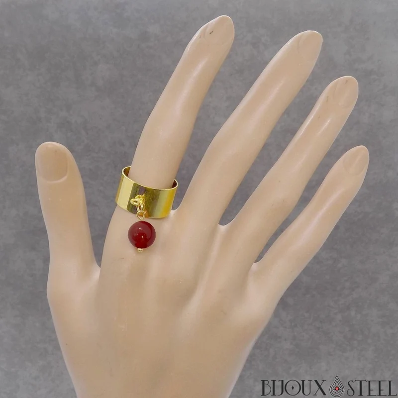 Bague large ajustable à perle de cornaline