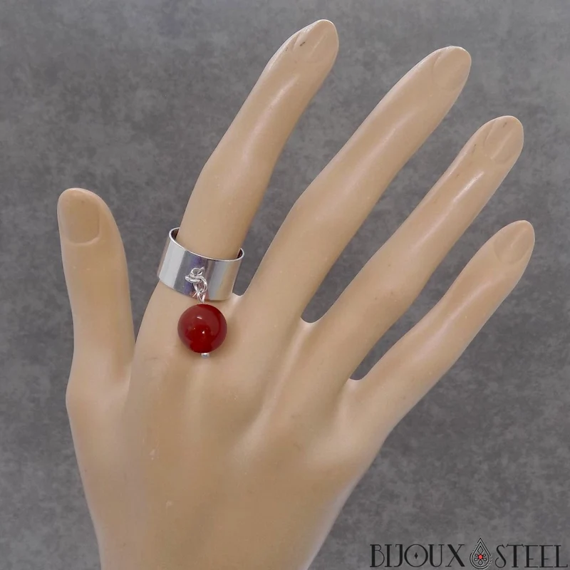 Bague large ajustable à perle de cornaline