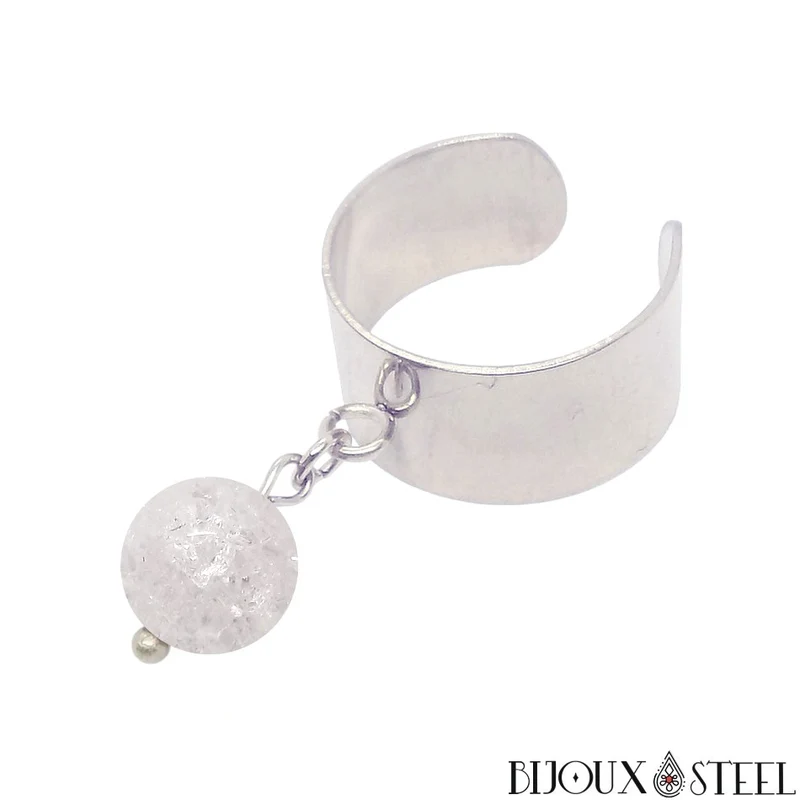 Bague large ajustable à perle de quartz craquelé