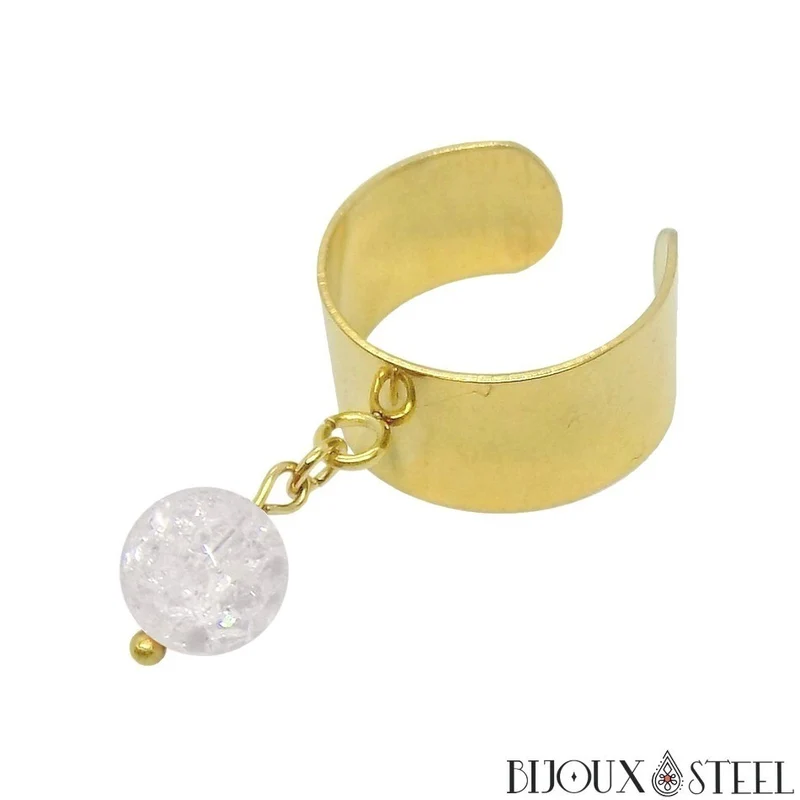 Bague large ajustable à perle de quartz craquelé