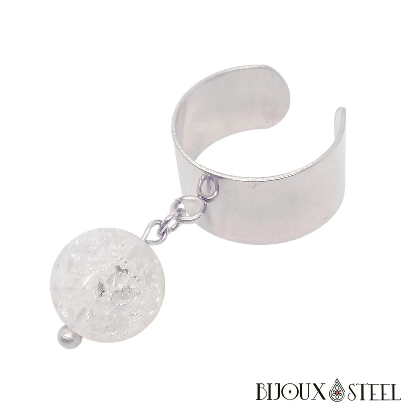 Bague large ajustable à perle de quartz craquelé