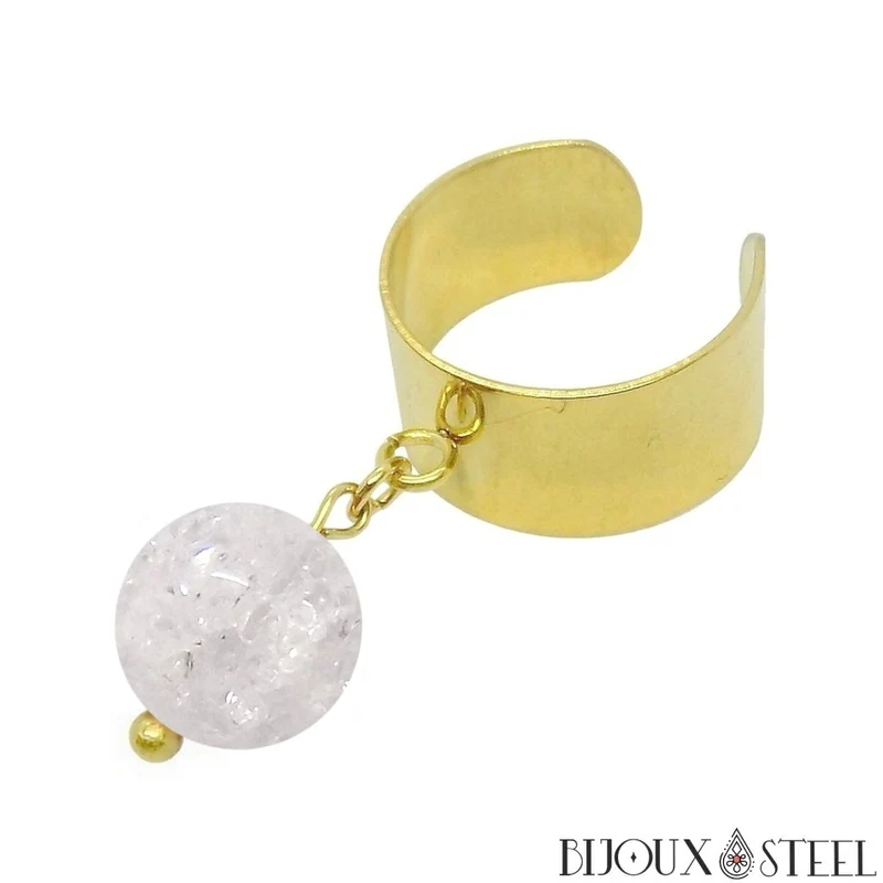 Bague large ajustable à perle de quartz craquelé