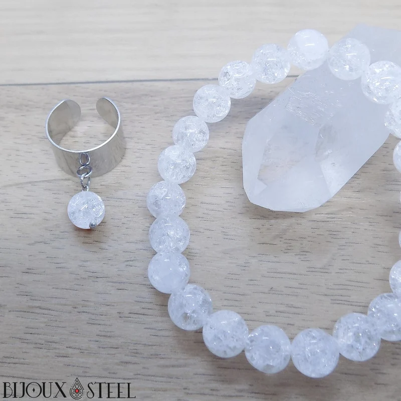 Bague large ajustable à perle de quartz craquelé