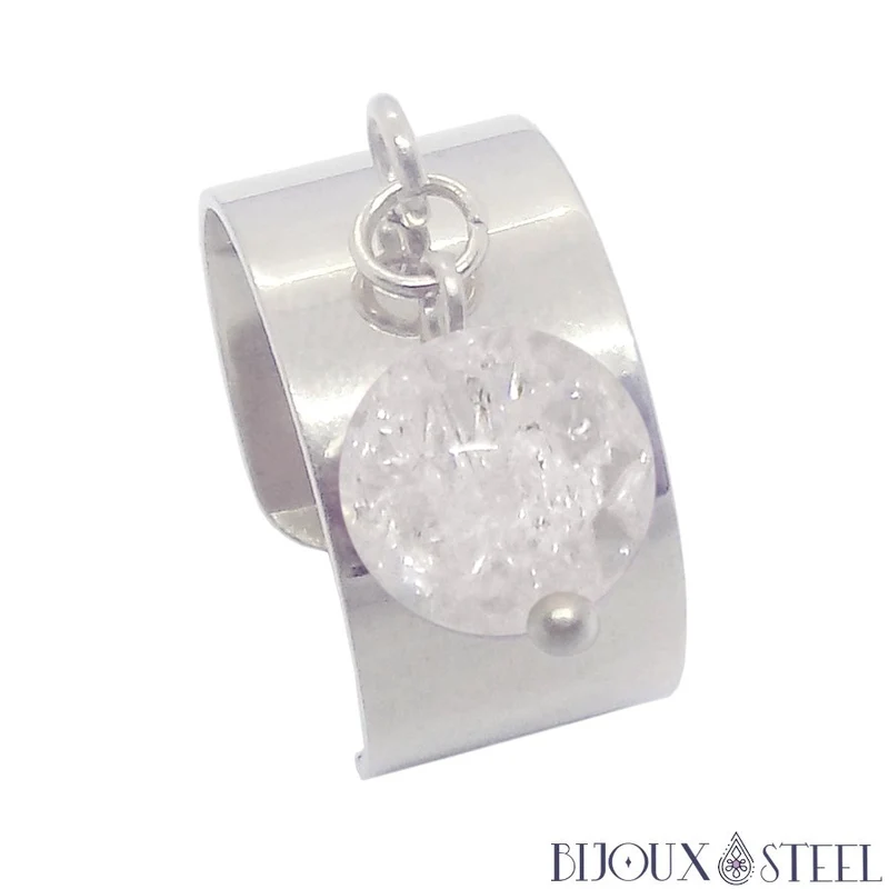 Bague large ajustable à perle de quartz craquelé