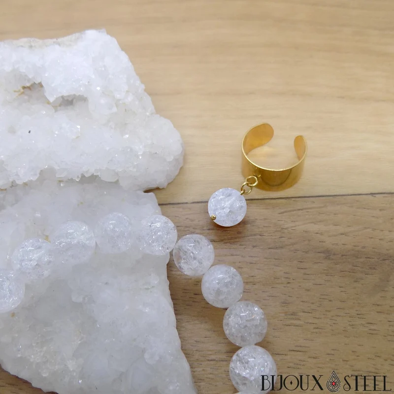 Bague large ajustable à perle de quartz craquelé