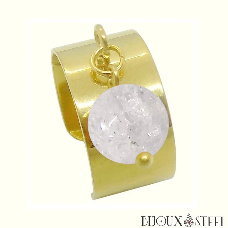 Bague large ajustable à perle de quartz craquelé