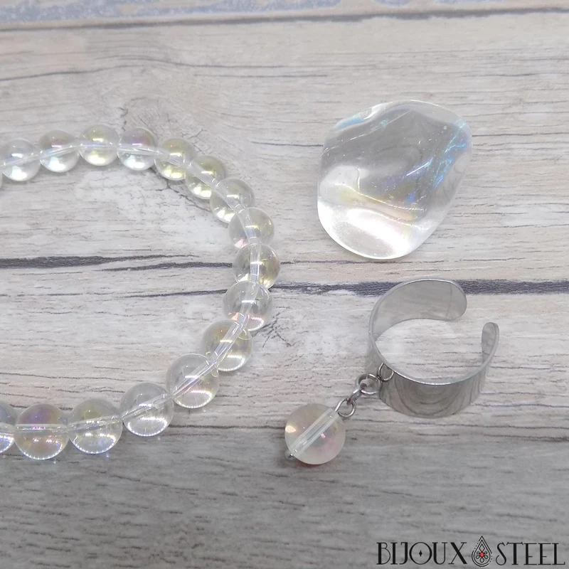 Bague large ajustable à perle de quartz angel aura