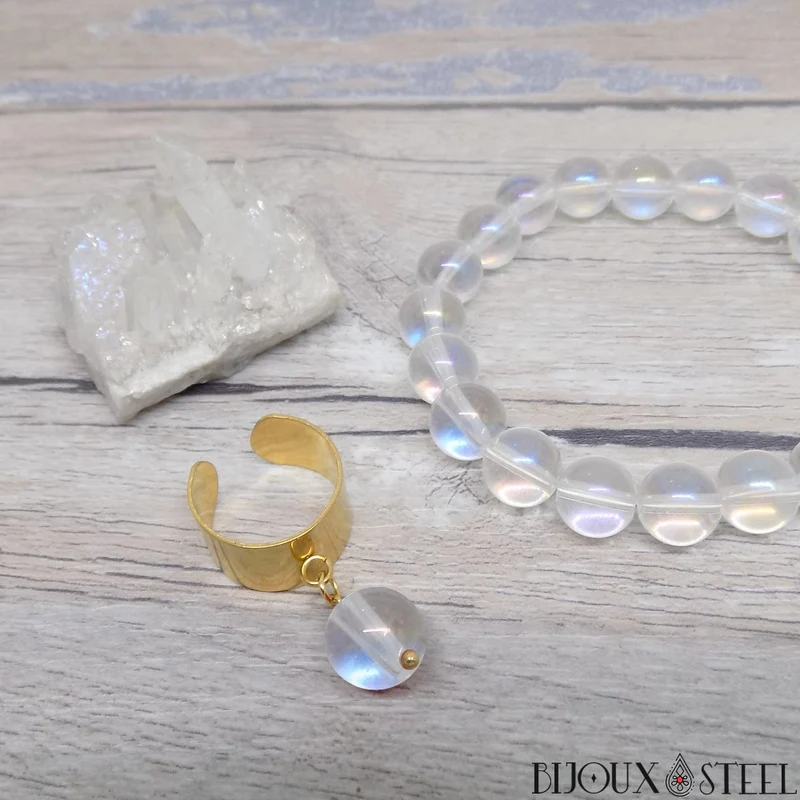 Bague large ajustable à perle de quartz angel aura