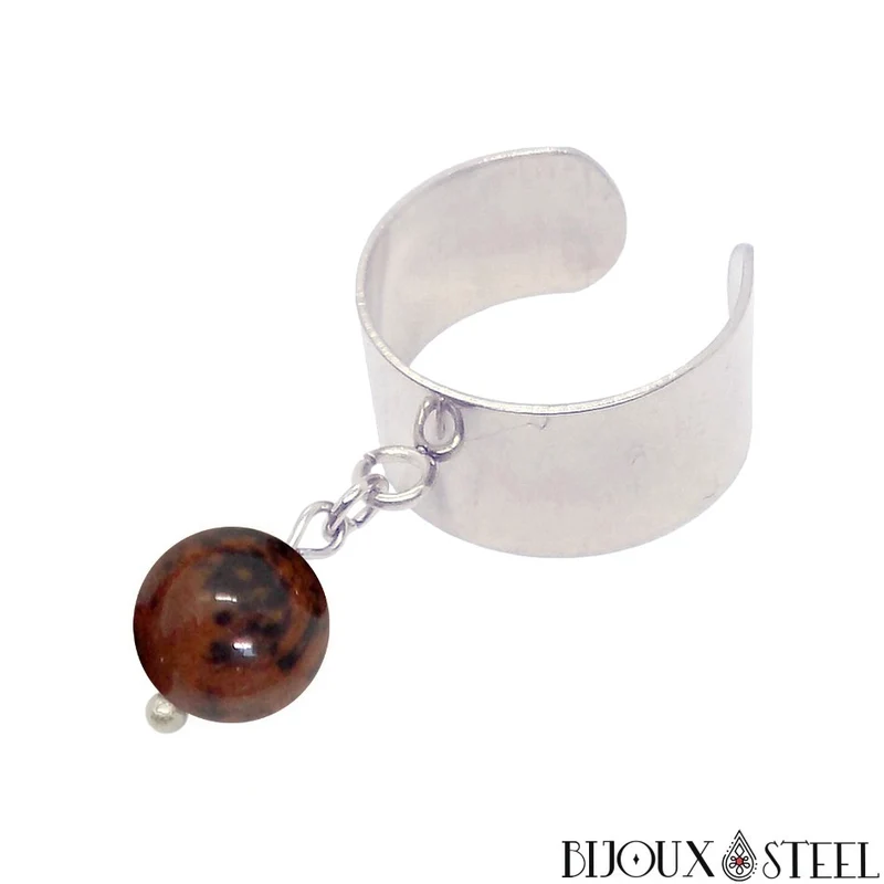 Bague large ajustable à perle d'obsidienne acajou