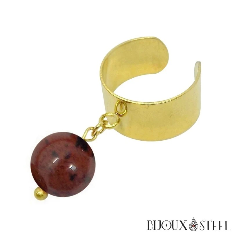 Bague large ajustable à perle d'obsidienne acajou
