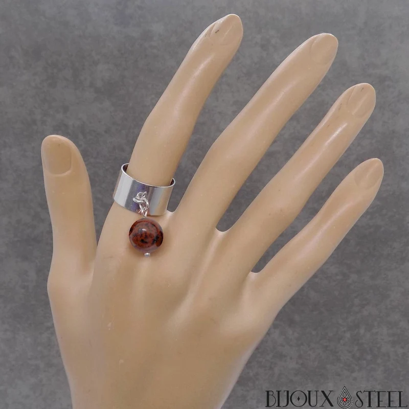 Bague large ajustable à perle d'obsidienne acajou