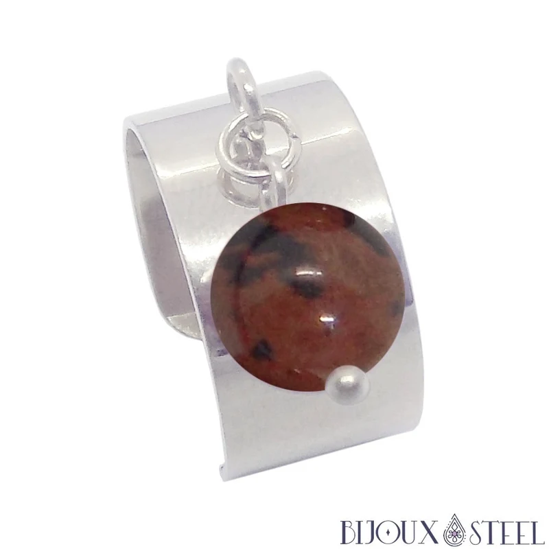 Bague large ajustable à perle d'obsidienne acajou