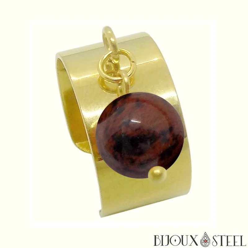 Bague large ajustable à perle d'obsidienne acajou