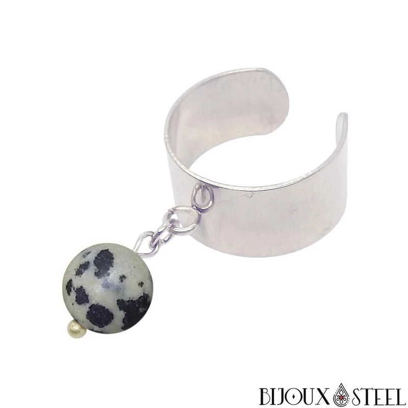 Bague large ajustable à perle de jaspe dalmatien