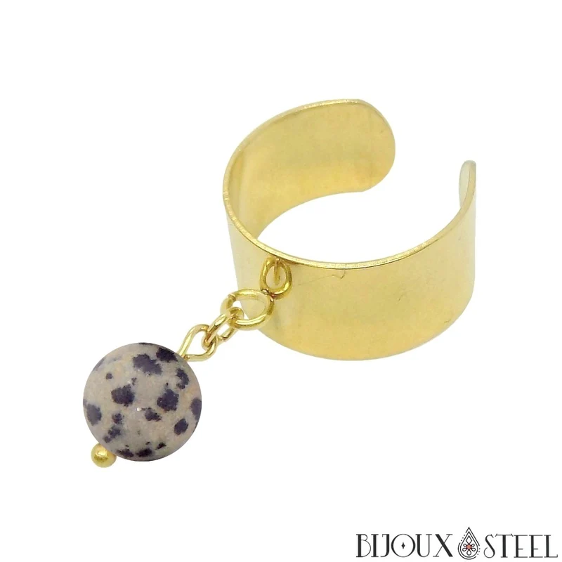 Bague large ajustable à perle de jaspe dalmatien
