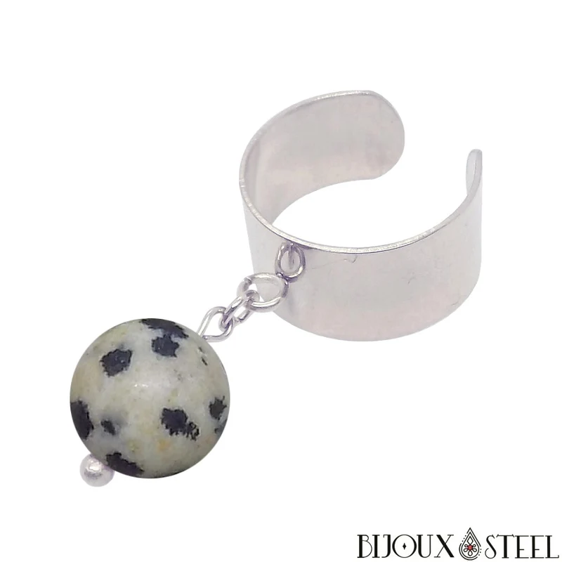 Bague large ajustable à perle de jaspe dalmatien