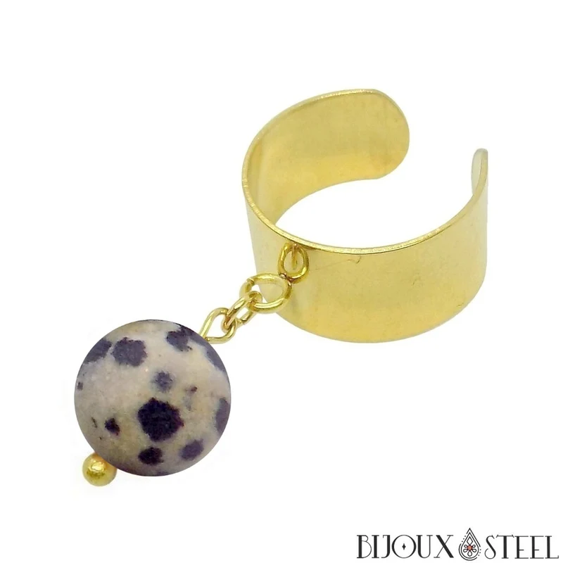 Bague large ajustable à perle de jaspe dalmatien