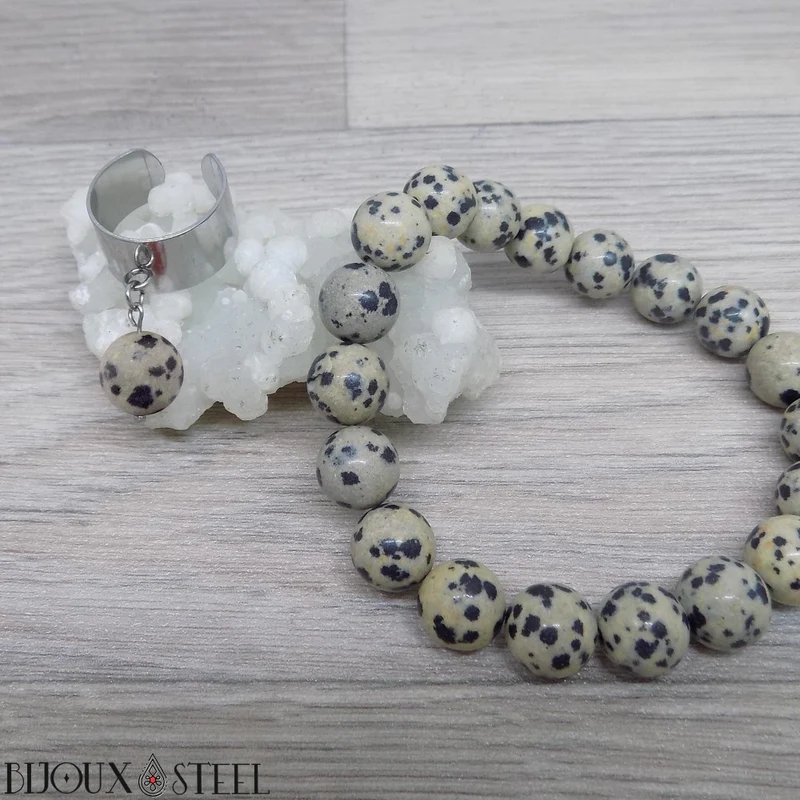 Bague large ajustable à perle de jaspe dalmatien