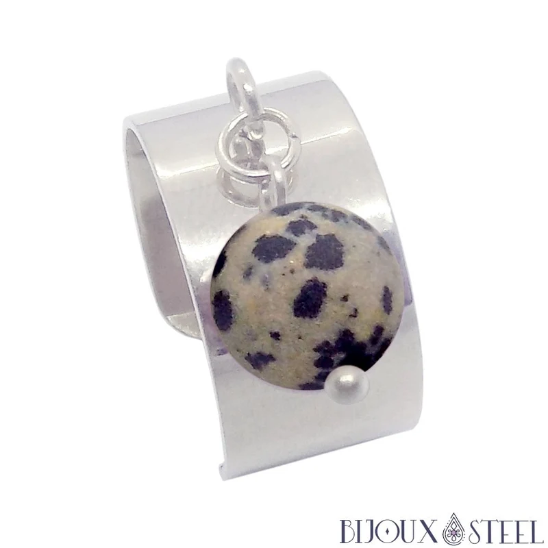 Bague large ajustable à perle de jaspe dalmatien